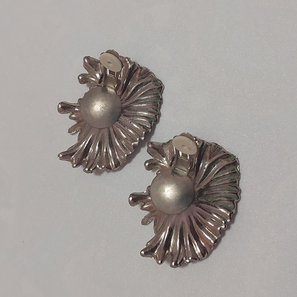 Vintage Rhinestone Embellished Clip On Earrings Silver Tone - Picture 3 of 6